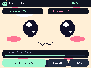 Mochi's expression filling the screen with Wi-Fi and BLE counters